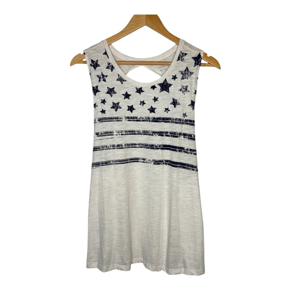 BCG Tank Top Womens XL White Stars Stripes‎ Americana Twisted Keyhole Back